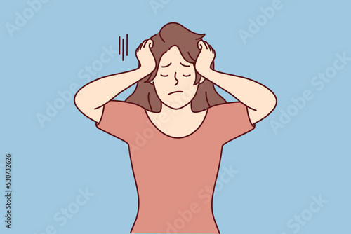 Unhappy woman suffer from repetitive thoughts. Upset girl struggle with overthinking struggle with mental psychological problems. Vector illustration. 