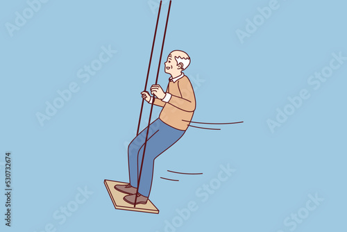 Happy energetic old man have fun on swing enjoy maturity. Smiling mature grandfather swinging outdoors show activity and energy on pension. Vector illustration. 