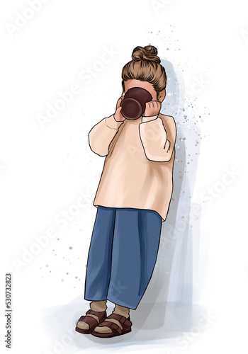 A little girl drinks from a mug. The child quenches his thirst. Illustration