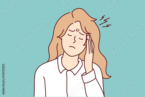 Unhappy young woman suffer from migraine or headache. Unhealthy girl struggle with head spasm having health problems. Medicine and healthcare. Vector illustration. 
