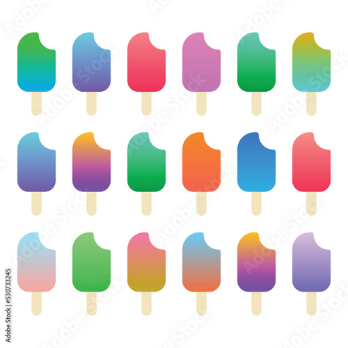 Set of popsicle ice cream with a bitten off piece with different gradient fills on a white background