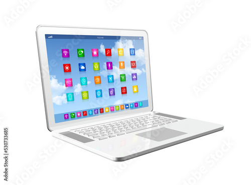 3D Laptop Computer - apps icons interface - isolated on transparent background