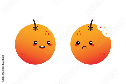Couple of cartoon style orange fruit characters cute and smiling and sad with bite mark.
