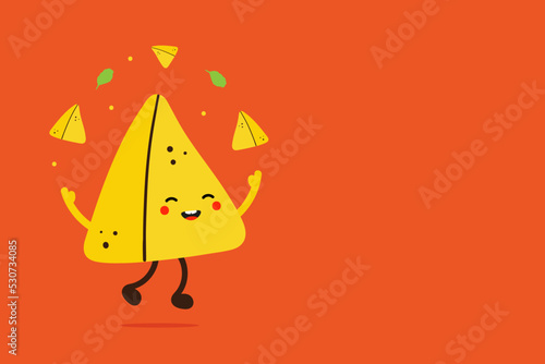 Cute cartoon style samosa, indian baked savory pastry character card template with copy space for text, information, notification. National Samosa Day design.