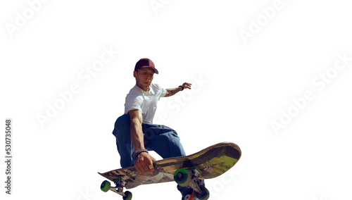 Skateboarder doing a trick isolated on white background