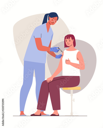 Doctor in clinic gives vaccine against the virus and epidemiological diseases to woman. Concept of healthy immunity. Vector illustration. 