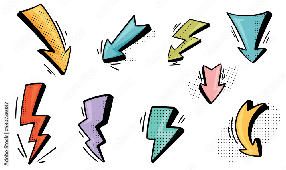 Arrow and Lightning Flash with Pointed End Doodle Style Element Vector ...