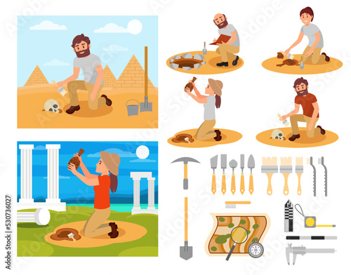 Archaeologist Man and Woman Engaged in Ancient Artifact Excavation with Tool Vector Set