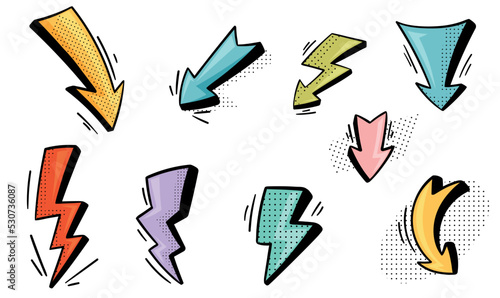 Arrow and Lightning Flash with Pointed End Doodle Style Element Vector Set
