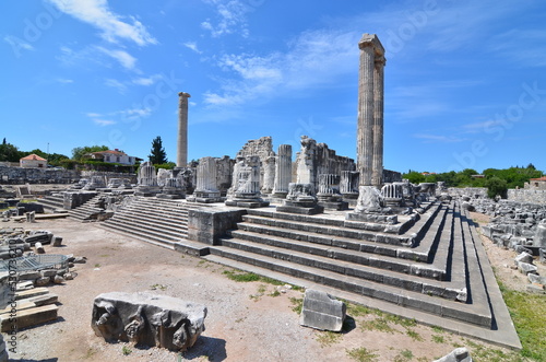 View of Apollon Temple in Didyma Ancient City in Aydin Turkey, on cloudy blue sky bakcground.
