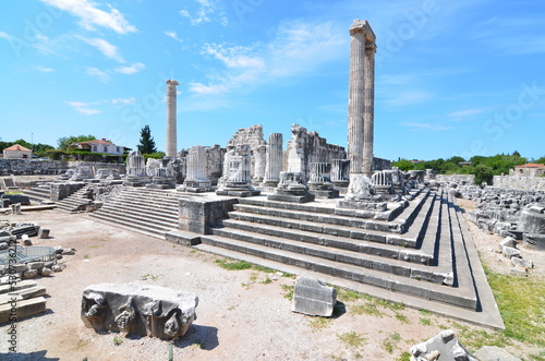 View of Apollon Temple in Didyma Ancient City in Aydin Turkey, on cloudy blue sky bakcground.