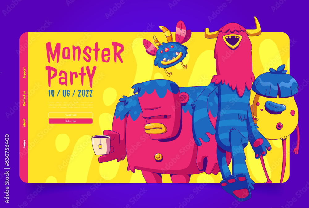 Fototapeta premium Monster party landing page template. Funny contemporary illustration of zombie, alien, supernatural characters standing, flying on yellow background. Halloween celebration promo website. Vector design