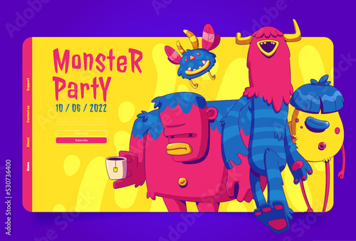 Monster party landing page template. Funny contemporary illustration of zombie, alien, supernatural characters standing, flying on yellow background. Halloween celebration promo website. Vector design