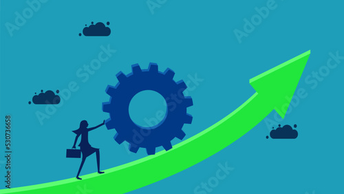  Strive for future growth. businesswoman pushing gears up arrow. vector illustration