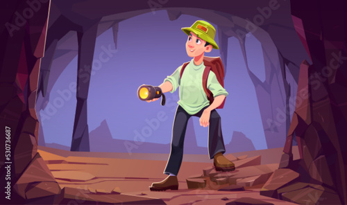 Traveler man at mountain cave entrance. Tourist with flashlight and backpack stand in rock grotto looking for right way, explore new place. Hiking travel extreme adventure Cartoon vector illustration