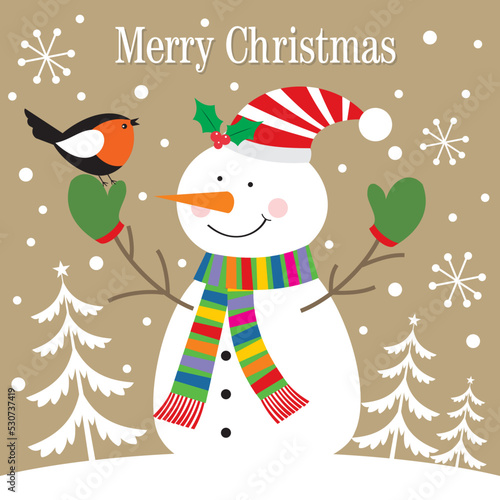 christmas card with snowman and robin bird