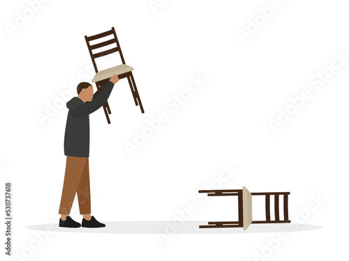 Male character throwing chairs on white background