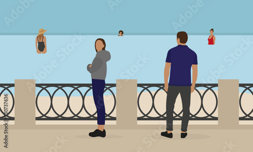 A male character and a female character on the embankment, and three female characters in the water