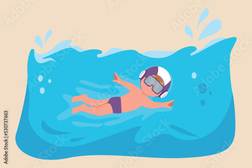 Happy little boy swimming in a pool. Water polo concept. Vector illustration.