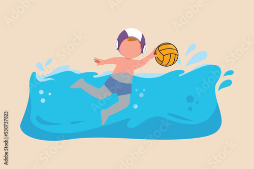 Happy little boy hold water polo ball when swimming in a pool. Water polo concept. Vector illustration.