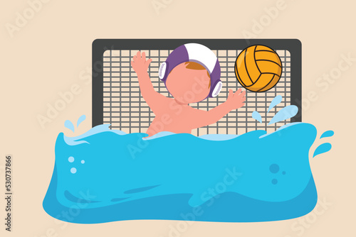 Goalkeeper try to get the ball before ball reach the goal while swimming. Water polo concept. Vector illustration.