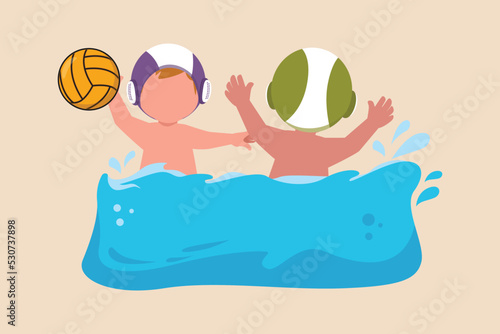Two kids boy playing water polo ball while swimming. Water polo concept. Vector illustration.