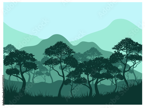 Green silhouette forest background.Nature and environment conservation concept flat design.Vector illustration
