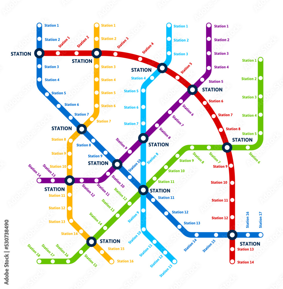 Metro, underground transport scheme map, urban subway system. Vector plan with colorful lines and city railway stations. Railroad route layout of public passenger transport train tracks information
