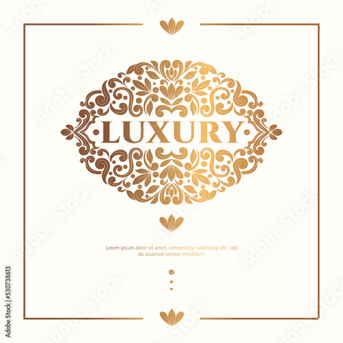 Frame with golden vector ornament on a white background. Elegant, classic elements. Can be used for jewelry, beauty and fashion industry. Great for logo, emblem, or any desired idea.