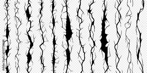 Seamless broken wall crack, cleft and crackles on transparent background. Vector texture of damaged concrete wall surface with realistic cracks, splits and fracture lines, fissures, holes and clefts