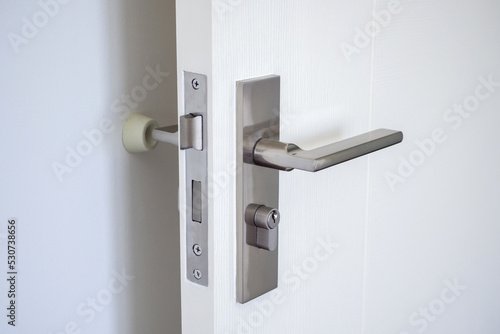 Wall mounted door stopper with modern door handle photo