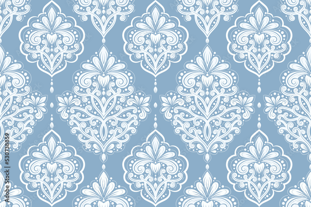 White and blue damask vector seamless pattern. Vintage, paisley elements. Traditional, Turkish motifs. Great for fabric and textile, wallpaper, packaging or any desired idea.