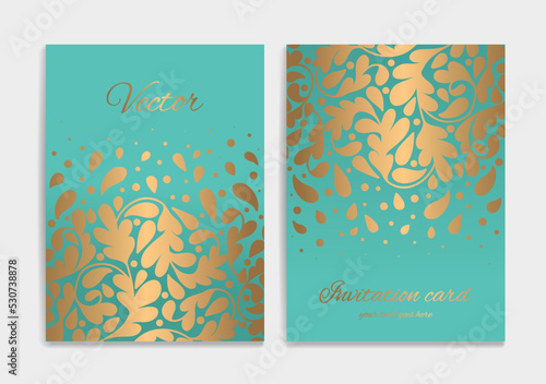 Turquoise and gold luxury invitation card design with vector ornament pattern. Vintage template. Can be used for background and wallpaper. Elegant and classic vector elements great for decoration.