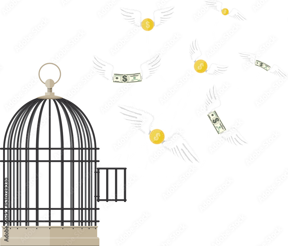Naklejka premium Open cage with flying dollar bills and coins