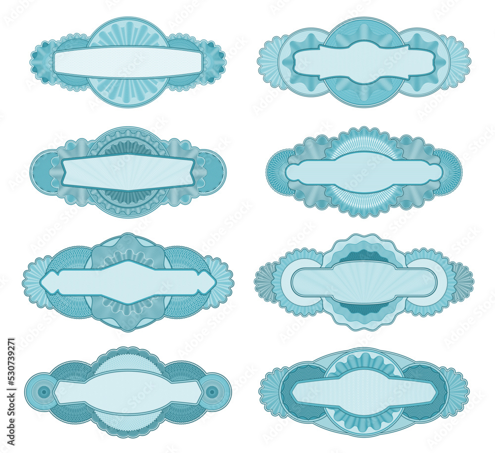 Certificate, voucher, diploma guilloche rosette frames. Official certificate, bank banknote watermark patterns, circular ornament and voucher intricate vector frames, passport blank guilloche Certificate, voucher, diploma guilloche rosette frames. Official certificate, bank banknote watermark patterns, circular ornament and voucher intricate vector frames, passport blank guilloche