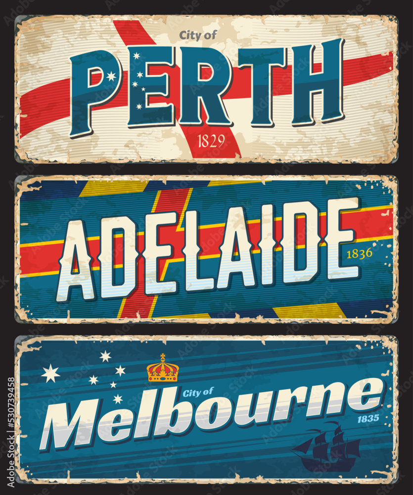 Perth, Adelaide, Melbourne, Australian city travel plates and stickers