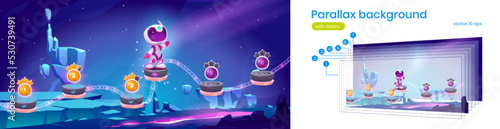 Parallax background of game level map with little astronaut and platforms with numbers of stages. Futuristic alien planet surface and cute spaceman, vector cartoon illustration ready for animation