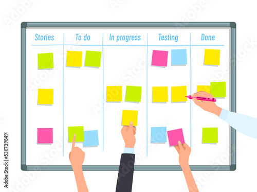 Scrum task board with hands. Business person arms holding a sticky notes and markers, planning tasks and deals. Agile assignment, teamwork, software development, employees project management