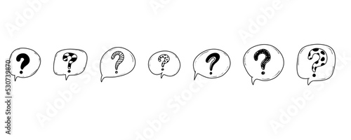Doodle hand drawn question marks set inside speech bubbles, sketch question ask collection, vector illustration.