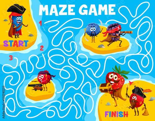 Fototapeta Naklejka Na Ścianę i Meble -  Labyrinth maze game. Help to berry pirates and corsairs on treasure island. Children riddle, help to find path playing activity vector worksheet or kids maze with strawberry, blackberry, honeyberry