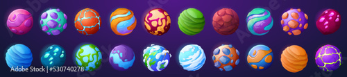 Fantasy planets and asteroids icons for space game. Fantastic colorful galaxy objects, liquid and stone spheres with crystals, cracks, snow and Earth globe, vector cartoon set