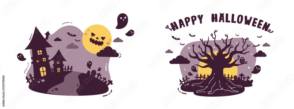 Happy Halloween cartoon character spooky and cute concept flat vector illustration isolated on white background. Cute spooky town and cemetery, graveyard with big tree, ghosts, bats and big full moon.