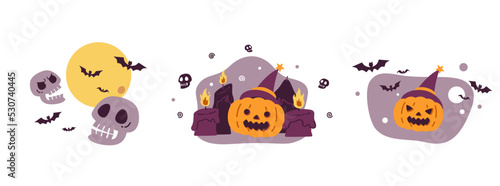 Happy Halloween cartoon character spooky and cute concept flat vector illustration isolated on white background. Cute pumpkins, scarecrows, pumpkin with witch's hat, big candle and skulls.