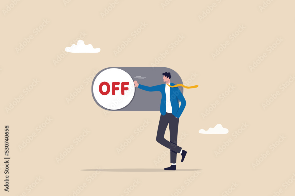Switch off or turn off setting preference, analytics control panel or power shutdown electricity, saving energy and ecology concept, businessman pushing switch to be off in control panel dashboard. - obrazy, fototapety, plakaty 