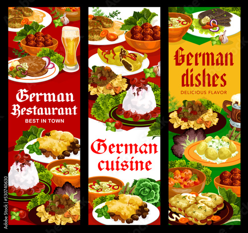 German cuisine food banners, dishes and restaurant meals, vector lunch and dinner. German traditional food schnitzel and curry wurst sausages, beer, pancakes and casserole with meat and potato