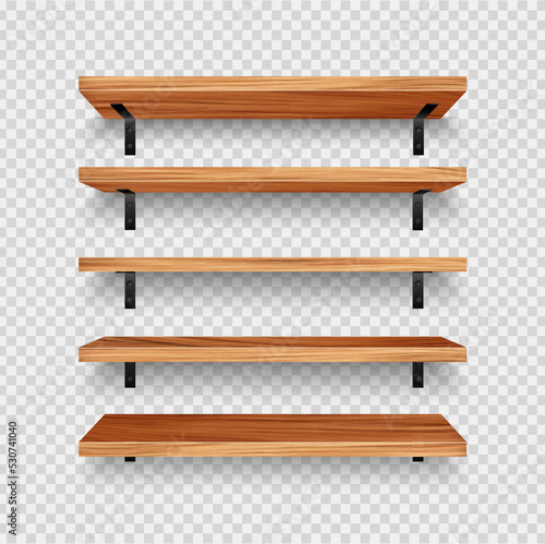 Wooden store shelf, realistic vector empty planks with black wall mount isolated 3d mockup. Shelves in shop or home, wood grocery rack, brown timber boards for storage or sale