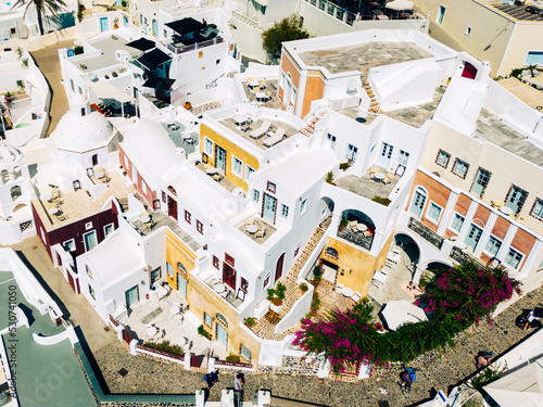 Santorini Aerial View. Picturesque Fira City. Traditional Architecture. White Houses. Greece, Europe.