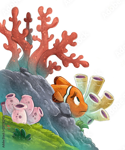 Canvastavla Illustration scared clownfish behind coral