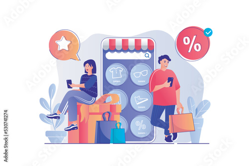 Mobile commerce concept with people scene. Woman and man byers making purchases, ordering at website shop, online paying in application. Vector illustration with characters in flat design for web