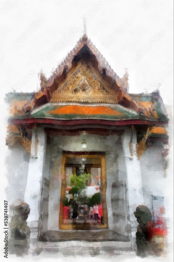 Landscape of ancient places and old town in Bangkok watercolor style illustration impressionist painting. Landscape of ancient places and old town in Bangkok watercolor style illustration impressionist painting.